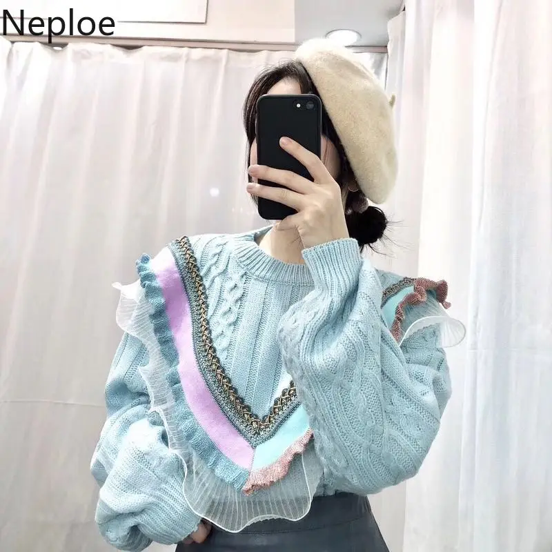 Neploe Nation стиль вышивка вязаный свитер для женщин нитки твист кружева лоскутное пуловеры осень зима Симпатичные Свитера 46479