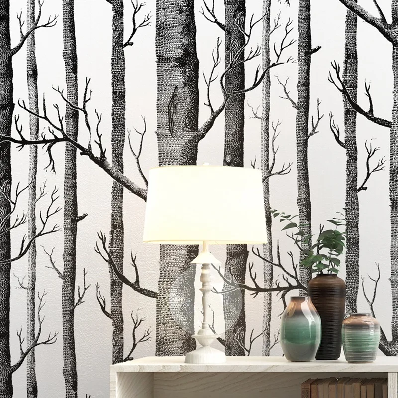 

Black White Birch Tree Wallpaper for Bedroom Modern Design Living Room Wall Paper Roll Rustic Forest Woods Wallpapers