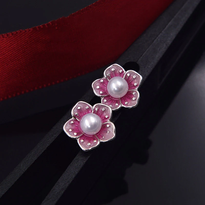 

2019 New Fashion 925 Sterling Silver Earrings Pearl Cherry Blossoms Flower Woman Silver Plated Earrings Jewelry Girl Gifts