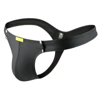 

Sexy Gay Underwear Mens Elastic PU Leather Button Removable Thongs Lingerie Underwear Sexy G-Strings Erotic Nightclub Dancewear