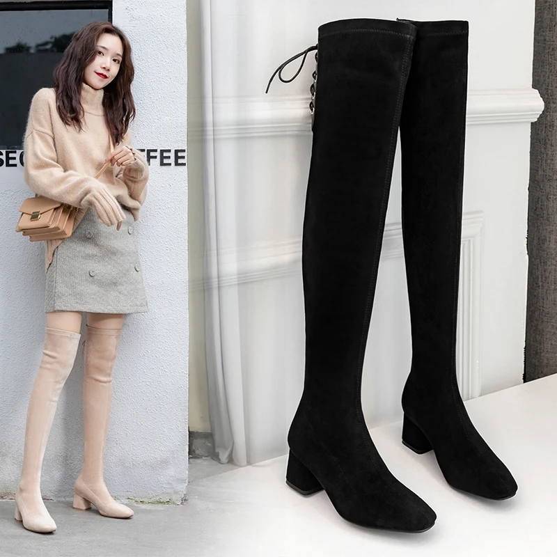 Sexy over the knee high boots woman suede leather thick high heels women boots autumn winter black gray party shoes woman