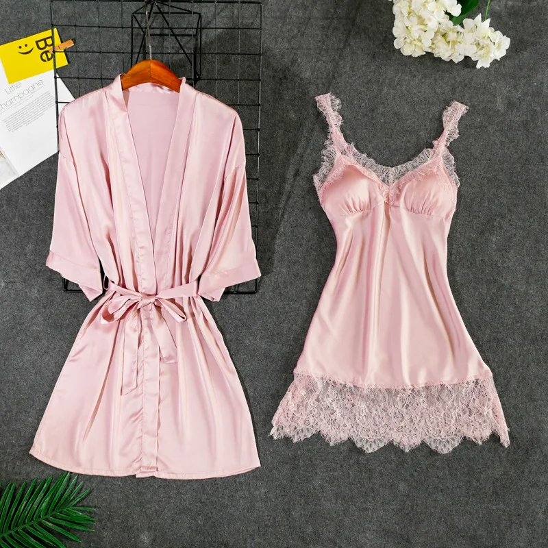 Fiklyc underwear women's sexy padded chest robe& gown sets lace& satin patchwork V-neck mini nightdress+ robes pijamas NEW