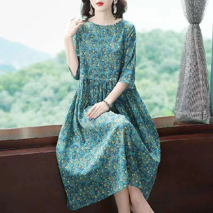 

Hot Selling 020 Summer New Style Floral-Print Large Size WOMEN'S Dress Printed Dress Mid-length Skirt Women's
