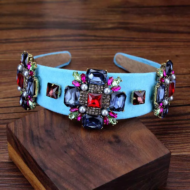 light blue Женские винтажные аксессуары для волос, фиолетовые и синие свадебные повязки на голову с кристаллами, стразы, жемчужные, барочные повязки на голову для свадьбы - Окраска металла: light blue
