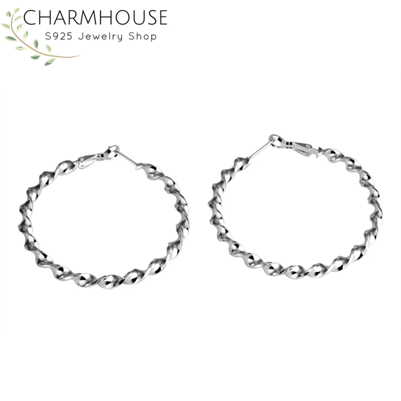Charmhouse серьги из стерлингового серебра для женщин большой круг закрученный зажим серьги 925 серебряные ювелирные изделия аксессуары Brincos Pendientes