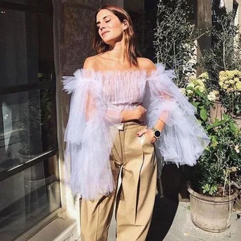 

2020 High Street Lavender Tulle Women Blouses Puff Full Sleeves Off The Shoulder Ruffles Top Custom Made Feminino Tnak Crop Top