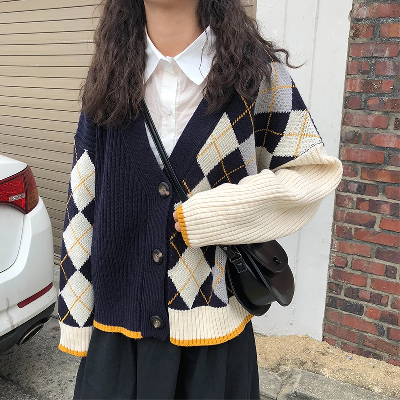 

Plaid Patchwork Sweater Autumn Winter Korean V Neck Knittd Cardigan Women Vintage Harajuku Jumpers Oversized Argyle Outwear W229