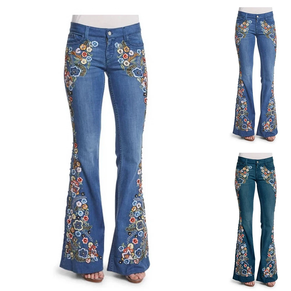 Oeak женские шикарные Цветочные вышитые с высокой посадкой расклешенные джинсы широкие ноги длинные джинсовые брюки
