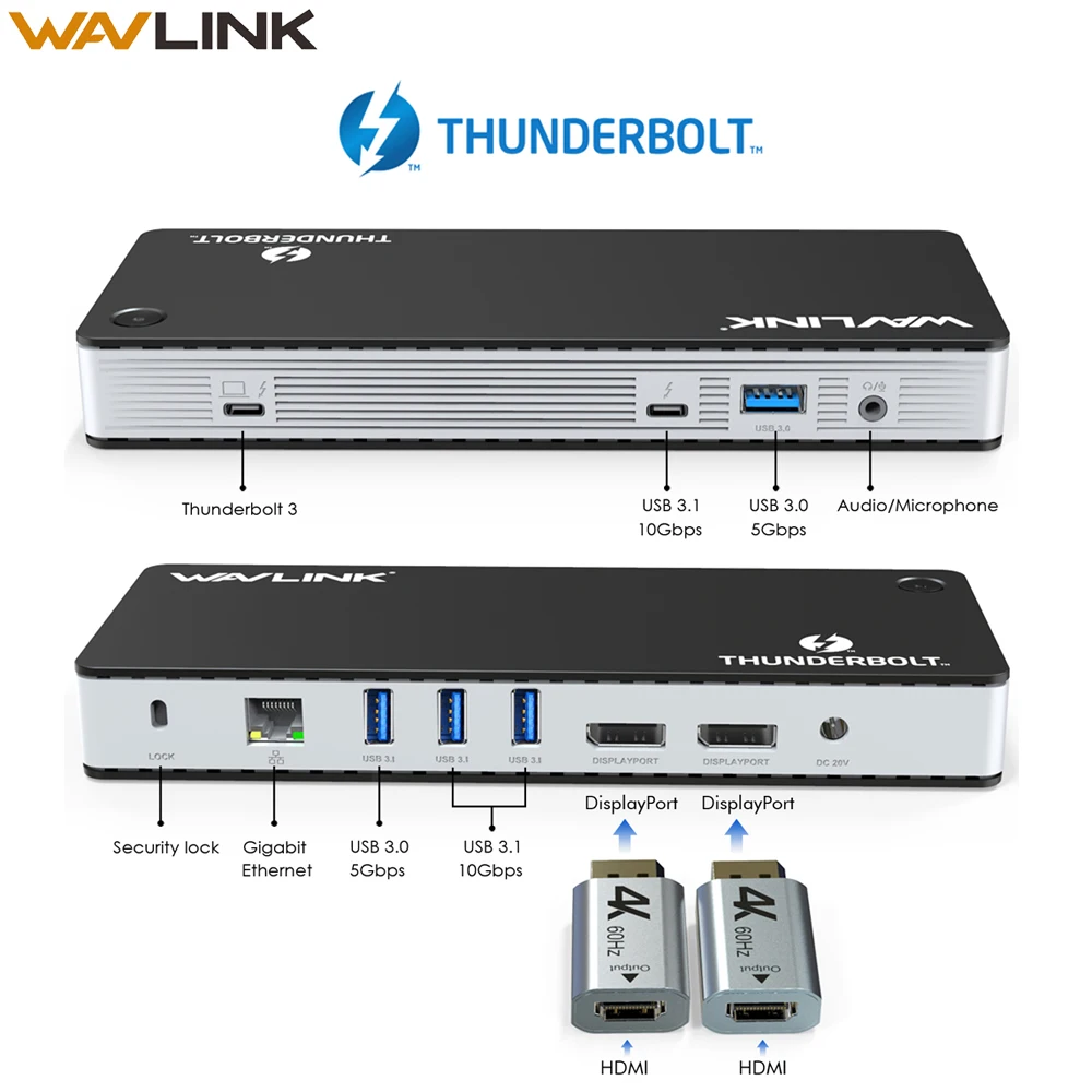

Wavlink Thunderbolt 3 USB-C Dual 4K Docking Station Video Display USB C Docking Station Dual DisplayPort For Mac OS Windows