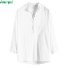 Chamsgend мужские белые рубашки, мужские повседневные Однотонные блузки со стоячим воротником, хлопковая рубашка с длинными рукавами,, Camisas Blancas