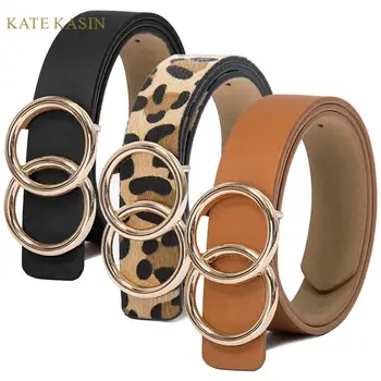 

Kate Kasin Women's Fashion PU Leather Belt Solid/Leopard Women Double-Ring Buckle Waist Belt For Jeans Faux Leather Waist Belt