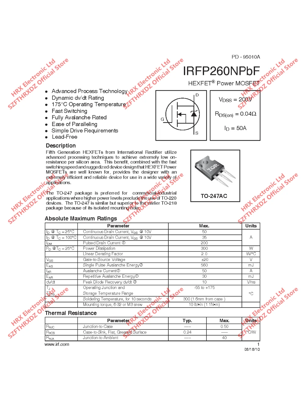 IRFP260NPBF TO247 IRFP260N TO-247 MOSFET MOSFT 200V 49A 40mOhm 156nCAC TO-247 25 шт./трубка(10 шт