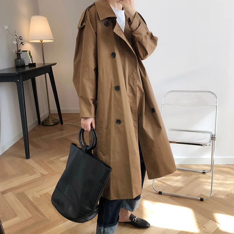Women Casual Solid Color Trench Coat Fashion Woman Clothes Vintage Trench Femme Autumn Casual Long Coat With Belt Chic Overcoat