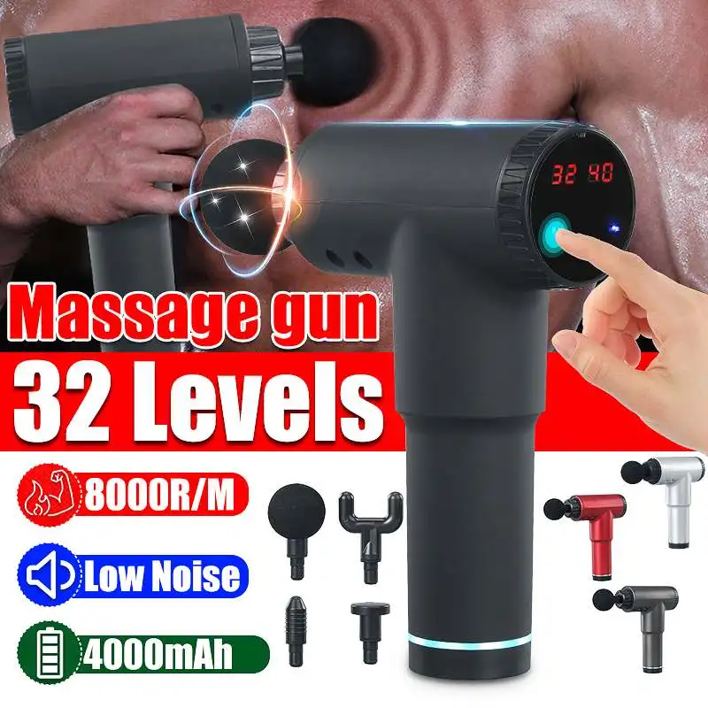 Pistola de masaje para terapia muscular, masajeador deportivo para el dolor, relajación corporal, adelgazamiento, alivio con 4 cabezales, 32 velocidades, 8000r/min