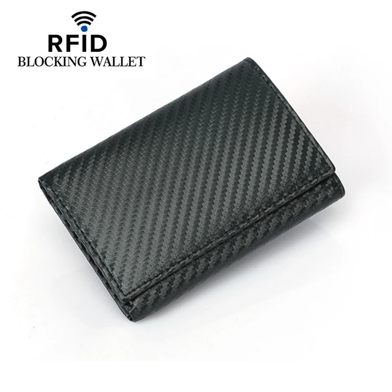 RFID углеродное волокно кожа Для мужчин кошелек складываемое втрое бумажник короткий клатч мульти-слот для карты кредитной держатель для карт мужской кошелек для монет - Цвет: Черный