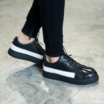 

Fashion Shell Toe Mixed Colors Mens Casual Leather Shoes British Genuine Leather Lace Up Thick Bottom Low Help Sneakers Shoes