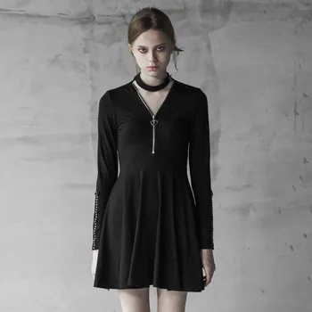 

PUNK RAVE Women V-collar Zipper Decorative Knitted Dress Heavy Eyelet Decoration Long Sleeve Casual Short Dress