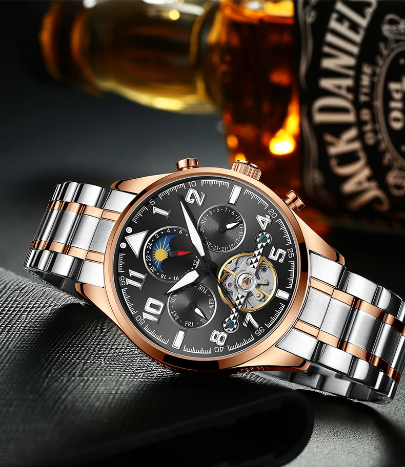 HAIQIN, фаза Луны/дисплей недели/Tourbillon, механические часы, мужские, повседневные, деловые, модные, из нержавеющей стали, мужские часы, Rloj Hombre