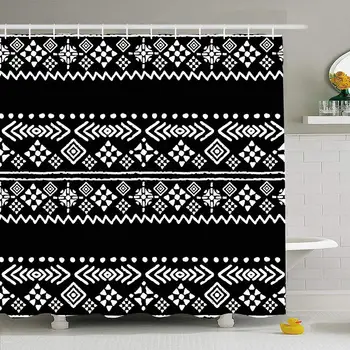 

Shower Curtain Set with Hooks 66x72 Tribal Handdrawn Wrapping Pattern Color Chalk Black Border Abstract Textures Russia Floral