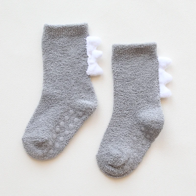 Baby Kids Coral Fleece Dinosaur Socks Winter Soft Warm Socks for Children 1-3 Years Boys Girls Thickening Non-slip Floor Socks - Цвет: grey