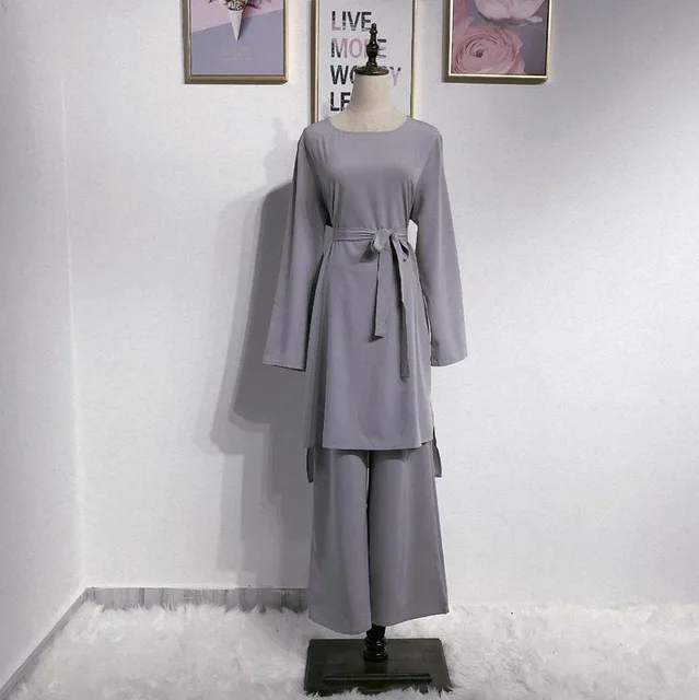 Абая для женщин комплект из 2 предметов Блузка Топы со штанами Caftan Дубайский Мусульманский платье хиджаб JilbabTurkish Marocain Kaftan Islamic - Цвет: gray set