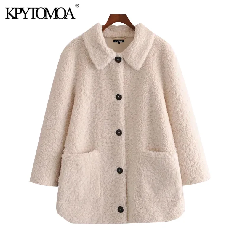 KPYTOMOA-abrigo holgado de piel sintética para mujer, ropa de abrigo gruesa y cálida, de manga larga, con bolsillos, Estilo Vintage, 2020