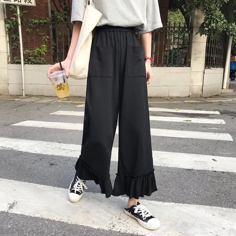 Pantalones mujer cintura alta эластичный пояс, карманы с оборками, однотонные плиссированные широкие брюки с высокой талией, брюки свободного покроя