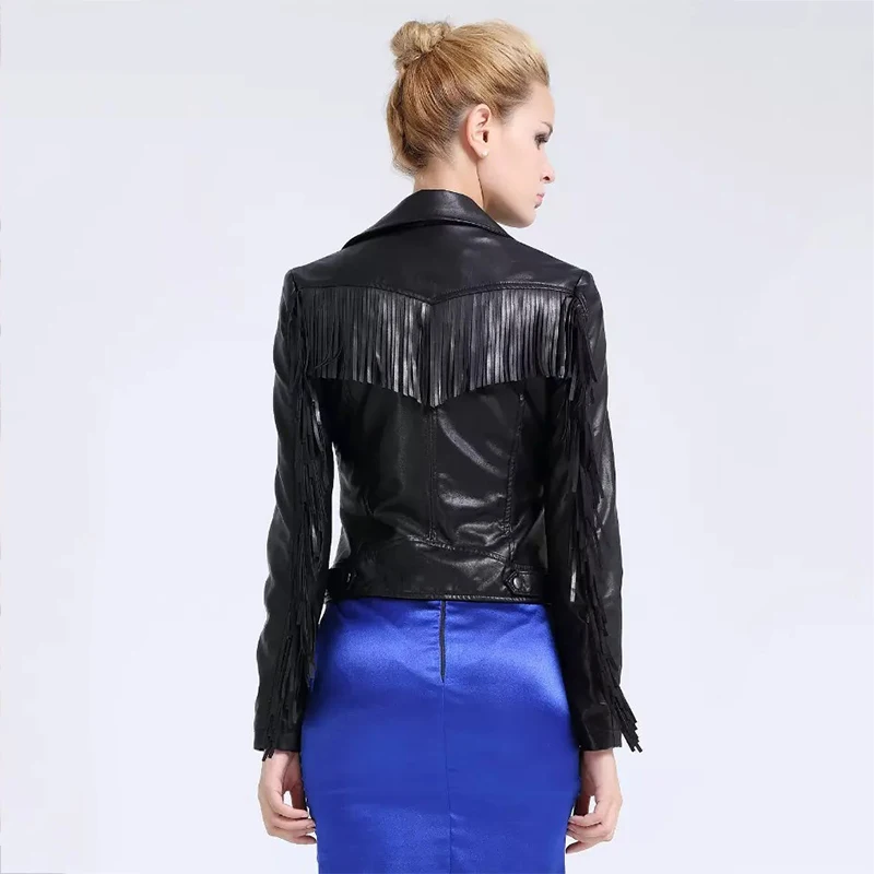 Womens Rock Tassel Suede Fringe Faux Leather Jacket Coat Long Sleeve Autumn Winter Biker Streetwear Black Outwear