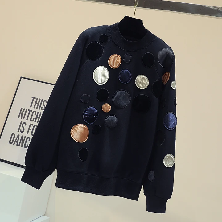 DEAT Autumn Long Sleeve O Neck Black Embroidery Loose Free Size Pullovers Sweatshirt Women Jumper MH097