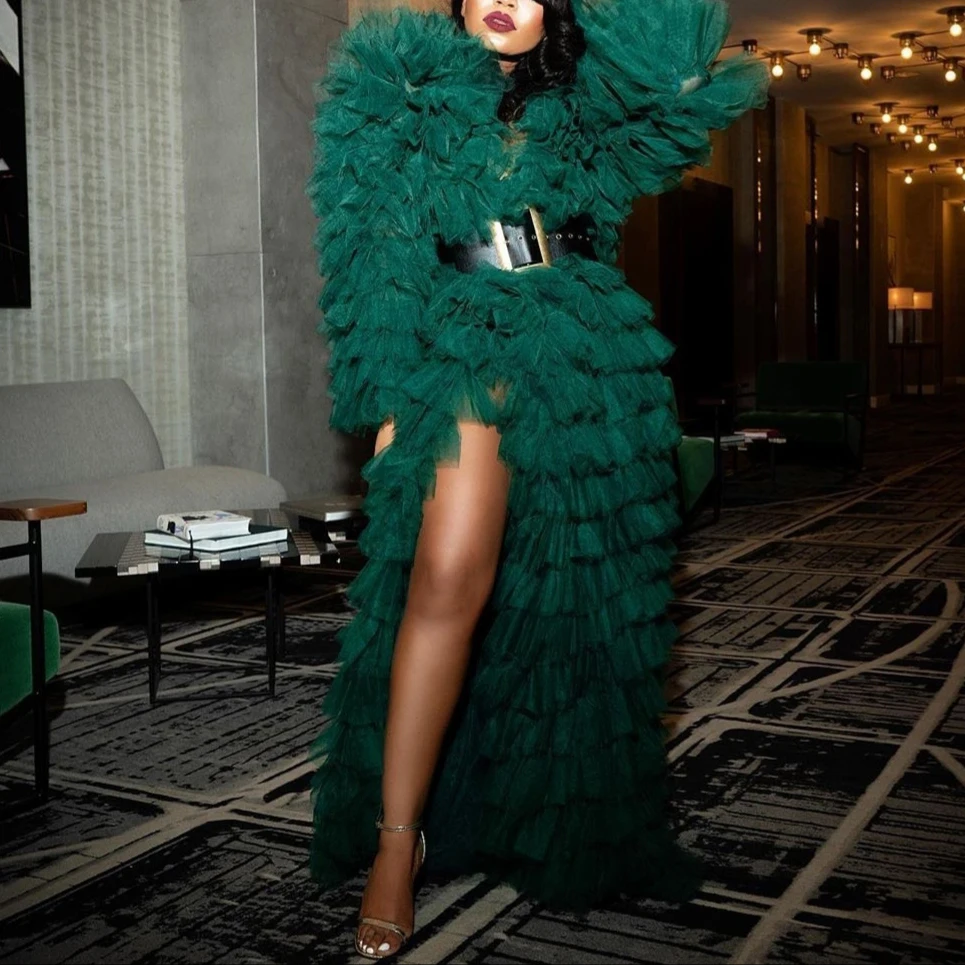 

2020 Abendkleider Hunter Green Evening Gowns Tulle Tiered Long Formal Dress Layered Sexy Slit robe de soiree abiye