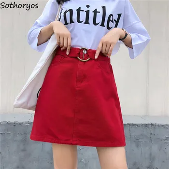 

Skirts Women Summer All-match Students An Style Solid Colour Sashes Womens Denim Slim Trendy Female High Quality Soft Skirt Chic