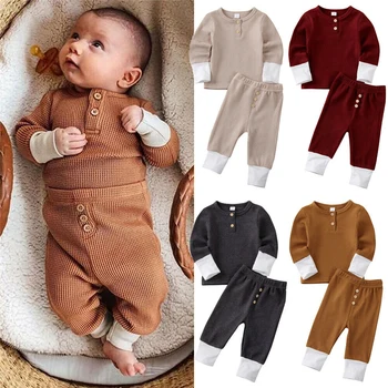 

2020 Autumn Winter Toddler Kids Baby Clothes Boy Girl Clothing Sets 4 Color Long Sleeve Button Tops Long Pants Outfits