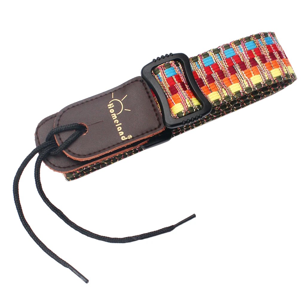 Retro Strip Design Leather Ends Guitar Strap Adjustable for Acoustic Guitar