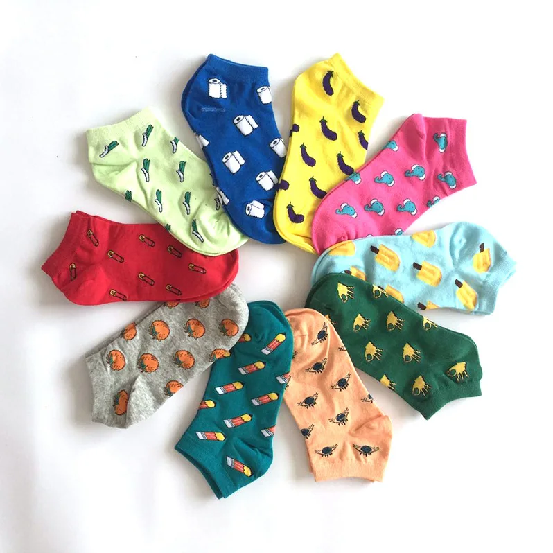 

10 Pairs/Lot Women Short Socks Funny Fruit Vegetables Animals Pattern Cartoon Cotton Boat Melon Tomato Strawberry Socks