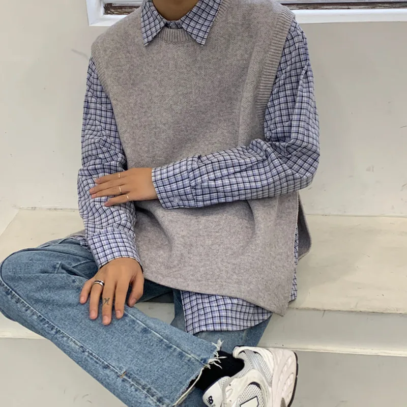 

Men's sweater 2020 Autumn winter slimming slim solid color split sleeveless sweater loose leisure personality youth men's wear