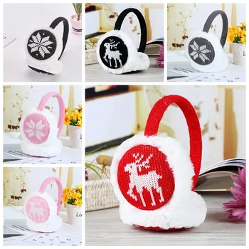 

1 piece adjustable Christmas wool stitching plush warm earmuffs snowflake fawn pattern knit faux fur warm headphone headdress