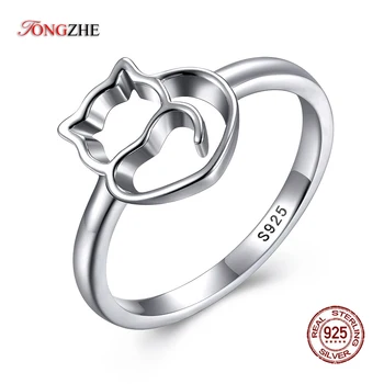

TONGZHE Cute Little Cat & Heart Finger Rings For Women 925 Sterling Silver Cat Heart Tail Animal Engagement Jewelry bague femme