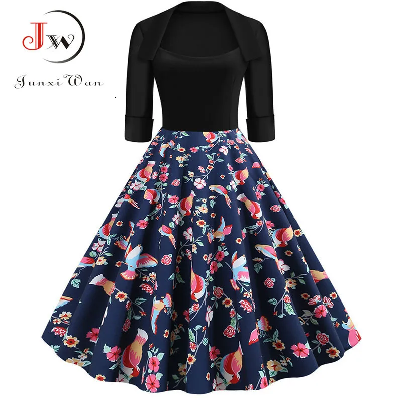 

Autumn Winter Women Dress Vintage Floral Print Office Party Dress Casual Half Sleeve Turn-down Collar Elegant Dresses Plus Size