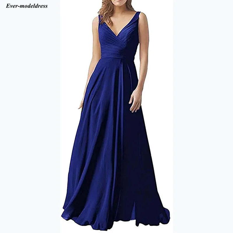 royal blue Простые платья для подружек невесты длинное с v-образным вырезом на молнии сзади в пол Плиссированное шифоновое свадебное платье для гостей недорогие платья для невесты - Цвет: royal blue