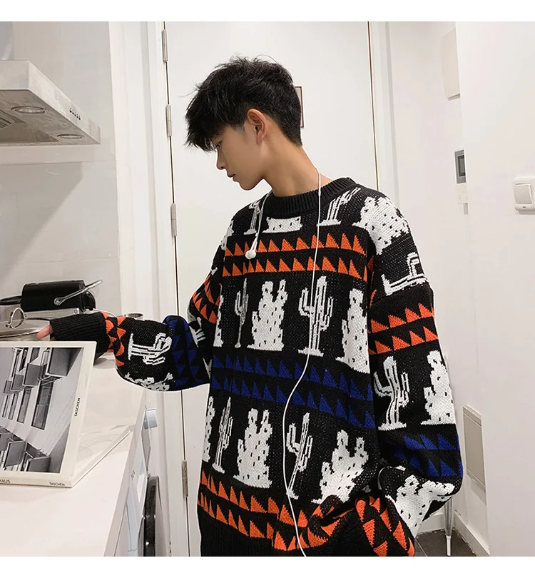 Осенние свитера для мальчиков ulzzang trend, корейские свободные вязаные мужские свитера с длинным рукавом и круглым вырезом, мужские свитера с рисунком