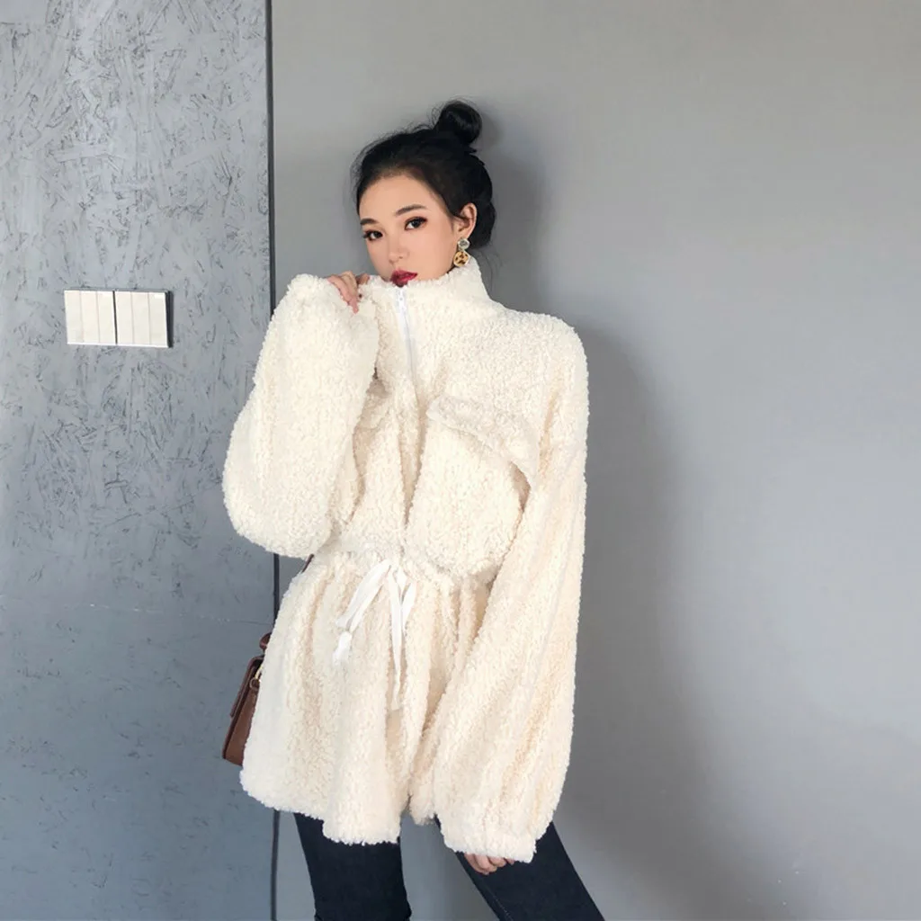 Женское теплое длинное пальто из овечьей шерсти с рукавами-фонариками, с завязками, роскошное Свободное пальто из искусственного меха с высоким воротником и отворотом, толстое плюшевое пальто