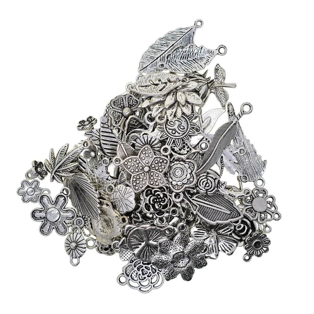 100 Grams Tibetan Silver Plated Mixed Plant Leaves Flowers Charms Pendants Connectors DIY for Jewelry Making and Crafting