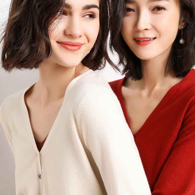 New women's coat Long Sleeve V-neck knitted cardigan solid color slim Korean version thin sweater New women's coat Long Sleeve V-neck knitted cardigan solid color slim Korean version thin sweater