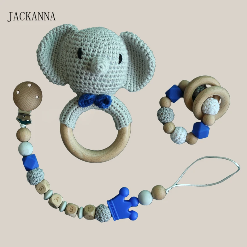 Personalise Baby Pacifier Clips Teething Bracelets Crochet Elephant Soother Holder Chain Rattle Teether Newborn Dummy | Мать и ребенок