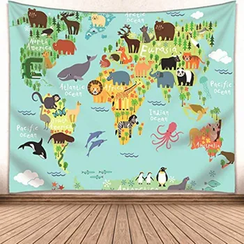 

Home Tapestry Decors Animal Landmarks World Map Blue Tapestry Nursery Wall Hanging Home Decoration-world Map Tapestries