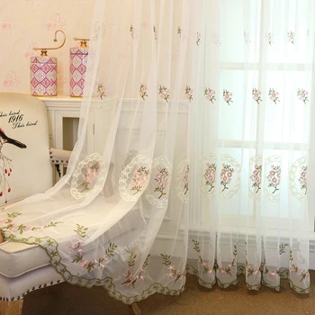 

Floral Embroidered Voile Curtain for Bedroom Simple Modern Rural Delicate Sheer Pink Blue Window Treatment Gauze ZH015#4