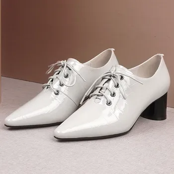 

Womeon's genuine leather thick high heel lace-up pointed toe pumps elegant ladies OL style comfortable soft heeled shoes women