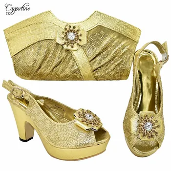 

Amazing Gold Wedding/Party African High Heel Shoes And Bag Set Nice Matching For Lady Dress 9310-7 Heel Height 10.5CM