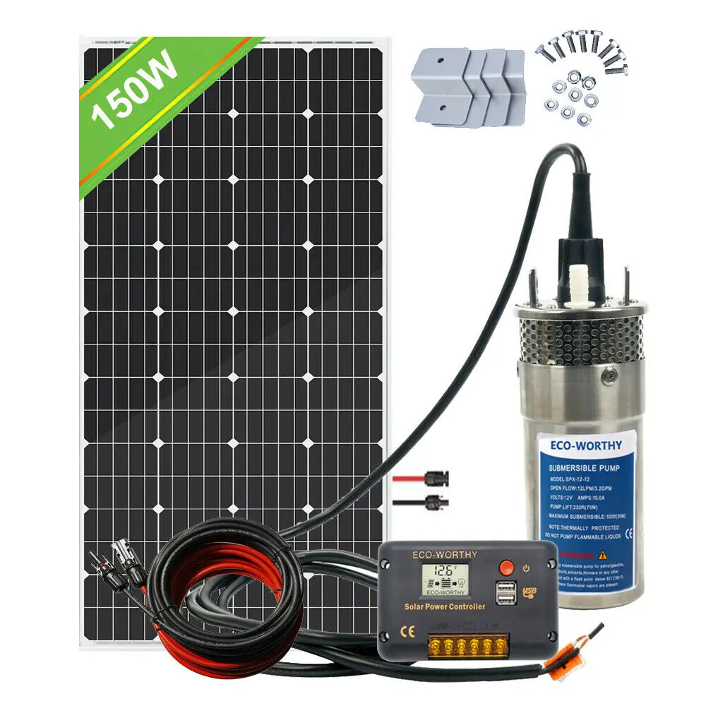 US $250.70 12V 150W Solar Panel Deep Well Submersible Water Pump System Remote Water Intake