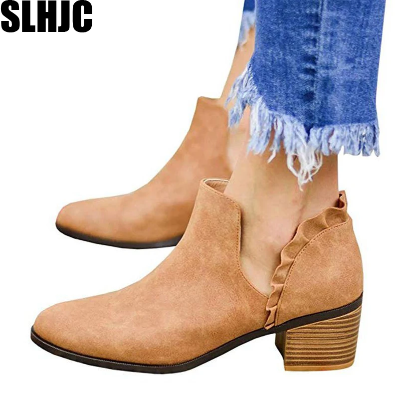 

SLHJC Women Short Boots Leather Ankle Boot Shoes Med Chunky Heel Pointed Toe Lace Side V Slit Retro Autumn Pumps Shoes Plus Size